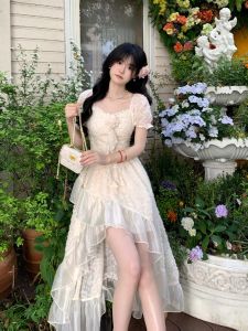 Elegant Unique Summer New Style Pleated Waist Slimming French High Quality Tailored Bouffant Skirt Dress Ladylike Bubble Sleeve