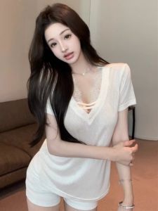 American Style Splice Lace V-neck Short Sleeve T-shirt Women Summer Slimming Versatile Pure Desire Shoulder Top Commute Style