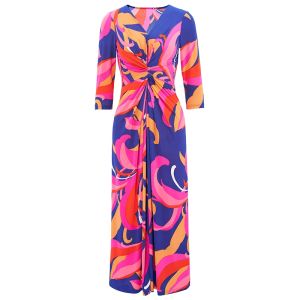 MY TENO | Elegant V-neck Printed Dress Gathered Waist Vacation Womens Fashionable Red Floral Long Skirt Polyester Spandex Blend