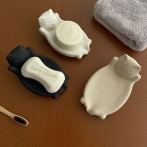 Ceramic Cat Soap Dish Soap Holder Bathroom Accessories Home Use Handwashing Plate Tray Drainage Mouth Cute Style Soap Box