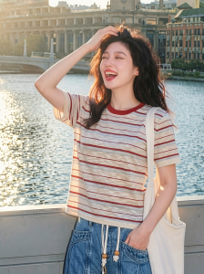 Basic House | Green Stripe Crew Neck Straight Shoulder Short Sleeve Knitwear Female Summer Casual Wear
