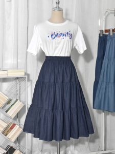 Patchwork Cake Denim Skirt Skirt Spring and Summer Womens Casual Slim Looking A- line Elastic Waist Large Swing Mid-Length Skirt Umbrella Skirt