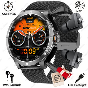 New Mens Smart Watch Built-in TWS Dual Earbuds Bluetooth Call Health Monitor Sport Tracker Compass NFC Flashlight All-In-One