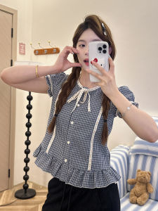 Áo Sơ Mi Nữ Tay Ngắn Màu Xanh Lam Mùa Hè Thiết Kế Mới Ngọt Ngào Ôm Vừa Vặn Áo Ngắn Kẻ Sọc Áo Sơ Mi Nữ
