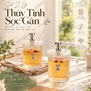 Set 2 Ly Thủy Tinh Sọc Gân 400ml Có Quai Cầm Nắp Gấu Trang Trí Và Ống Hút Thủy Tinh - LSG400