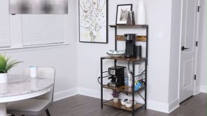 Kitchen Organizers Storage Rack with Power Outlet 4 Tiers Kitchen Microwave Stand with 6 S-shaped Hooks Coffee Bar Station Kitchen Storage Shelf Rack for Spices Pots and Pans