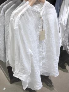 เสื้อเชิ้ตผู้หญิงคอโปโลแขนยาวทรงหลวมสไตล์ญี่ปุ่นสีขาวฤดูใบไม้ผลิและฤดูร้อน ทรงหลวม แขนยาวเจ็ดส่วน ทรงหลวม