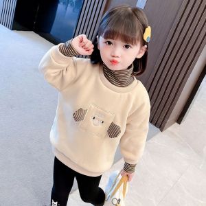 เด็กผู้หญิง ผ้าขนแกะ เรียงราย หนาขึ้น เสื้อฮู้ด Half High ปกเสื้อ ฤดูหนาว เสื้อผ้า โพลีเอสเตอร์ Fiber Inner Sleeve การ์ตูน ลายไม่มีหมวก