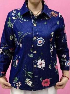 Early Autumn 2025 Fashion Casual Thin Denim Shirt Jacket Printed Mom Top for Middle-Aged And Elderly Women Polo Collar Button Detail