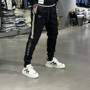 Mens Winter Thickened Fleece Lined Slim Fit Casual Pants Korean Style Side Youth Sports Trousers Small Footed Pants