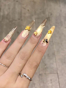 Nhựa Giả Móng Tay Dài Thủ Công Có Thể Tháo Rời Màu Vàng Bướm Mắt Mèo Hoàn Thiện Móng Tay Giả Màu Trơn Mềm Mại