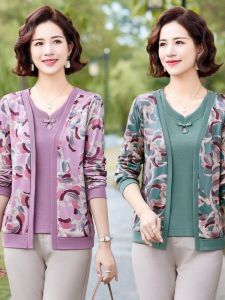 เสื้อยืดคอกลมแขนยาวผ้าถักสำหรับผู้หญิงวัยกลางคนและผู้สูงอายุ เสื้อชั้นในฤดูใบไม้ร่วง ฤดูใบไม้ผลิ ฤดูใบไม้ร่วง ฤดูหนาว เสื้อผ้าทำงาน