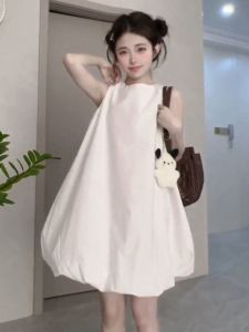 Váy Chữ a Không Tay Màu Trắng Mùa Hè Cho Nữ Dáng Rộng Che Bụng Thon Gọn Cổ Tròn Váy Ngắn Màu Trơn Thiết Kế Mới