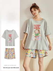 MiiOW | Pure Cotton Sleepwear Womens Summer Short Sleeve Shorts Cute Cartoon Print Home Clothes With Chest Pad Comfortable Breathable