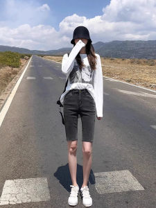 High Waist Five-Quarter Denim Shorts Womens Summer Thin Elastic Slimming Riding Mid-Pants Grey Smoke Color Cotton Elastic Denim