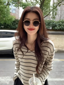 YUFUQING | Spring 2025 Womens Fashionable Striped Shirt Versatile Simple Style High Quality Polyester Fiber Long Sleeve Round Neck Mid-Length