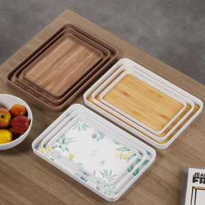 Rectangular Wood Grain Serving Tray Home Use Fruit Plate Melamine Water Cup Resistant Deep Dish Commercial Restaurant Plastic Tea Tray