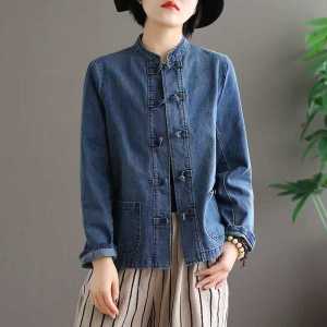 New Chinese Style Womens Stand Collar Denim Jacket Embroidered Ethnic Spring Summer Top Artistic Retro Outerwear Jacket