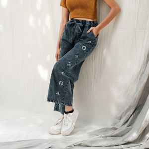 Celana Kulot Jeans Highwaist wanita Bordir Premium