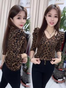 Fashionable Leopard Print Womens T-Shirt V-Neck Slim Fit Bubble Sleeve Base Shirt Beaded Heavy Work Commute Style Spring Autumn