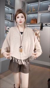 เสื้อคาร์ดิแกนถัก PU หนัง ชุด กางเกงขาสั้น สำหรับผู้หญิง ฤดูใบไม้ร่วง 2025 ฤดูหนาว แฟชั่น หลวม ลำลอง คอวี กระดุม