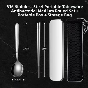 Portable 316 Stainless Steel Chopsticks Spoon Set Childrens Dining Utensils Box Storage Single Person 4 Convenient Three-piece Set