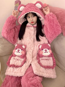Thickened Coral Fleece Three-Layer Cotton Womens Sleepwear Winter Home Clothes Cute Cartoon Pattern Long Sleeve Hoodie Pyjamas