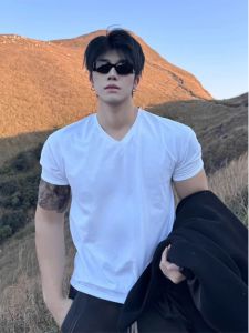 OUMULONG | V-Neck Fitness T-shirt Cleanfit Cotton Stretch Male White