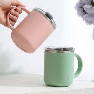 450ml Water Cup Stainless Steel Liner Double Layers Coffee Milk Cups with Plastic Lid Portable Home Office Drinking Tools Gifts