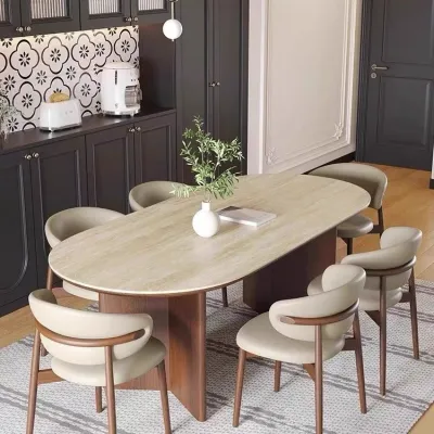 Retro Style Oval Dining Table Small Household Use Stone Slab Table Vintage Solid Wood Table with Chairs for Residential Furniture