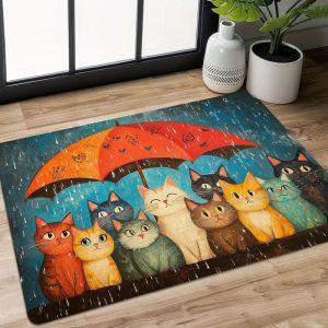 VIKAMA Cute Cats Under Umbrella Doormat Non Slip Entrance Floor Mat Rainy Cartoon Kitten Animal Front Door Home Decor Rug