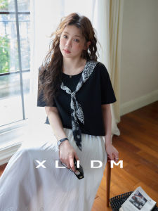 Skin-friendly Ice Oxygen Cotton Short Sleeve T-shirt Womens plus Size Floral Tie Waistband Splice Summer Top for All Body Types