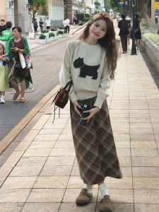 กระโปรงทรงเอเอวสูง ทรงตรง ยาวปานกลาง สำหรับผู้หญิง ฤดูใบไม้ร่วง/ฤดูหนาว กระโปรงทรงเอสไตล์ญี่ปุ่นย้อนยุค ดีไซน์เปิดหลัง