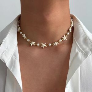 IngeSight.Z Hiphop Punk Imitation Pearl Starfish Necklace Men Women Goth Vintage Crystal Bead Necklace Summer Beach Jewelry Gift
