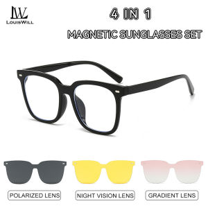 LouisWill ชุดแว่นตากันแดดแม่เหล็ก4 IN 1แว่นกันแดดสำหรับทั้งชายและหญิงแว่นตาสตรีกรอบแว่นตากันแดดแม่เหล็กการมองเห็นได้ในเวลากลางคืนเลนส์ไล่ระดับสี UV400ป้องกันแสงแดด