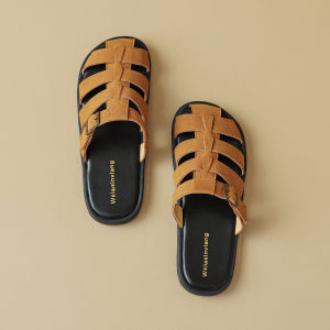 Roman Woven Closed Toe Half Slippers for Women Flat for Outdoors Summer Cut Out Pitcher Plant Shoes Lazy Sandals Plus Size 41-43