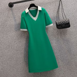 Slim Fit Polo Collar A-Line Midi Dress Short Sleeve Waist-Cinching Korean Style Womens Summer Fashion plus Size Dress