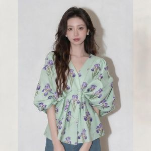 KUNAILIN | Elegant Soft Style V-neck Purple Floral Shirt Waist Tying Bell-sleeve Blouse