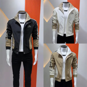 แจ็คเก็ตผู้ชายสไตล์เกาหลีทรงสลิมฟิต คอตั้ง แจ็คเก็ตสีบล็อก เสื้อคลุมกันลม แขนยาว ปกติ แจ็คเก็ต