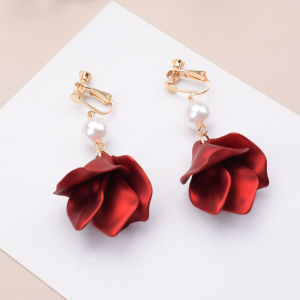 Wedding Earrings No Piercing Women Red Fashion Elegant New Model Summer Large Size Alloy Gold Plated Rose Flower Ear Clips
