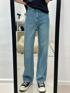 กางเกงยีนส์ขากว้างทรงตรงสีน้ำเงินสำหรับผู้หญิง กางเกงขายาวทรงเอวสูง ทรงตรง ทรงยาว ทรงสลิมฟิต ทรงฤดูร้อน ทรงกระดูกสั้น กางเกงขายาวทรงตรง