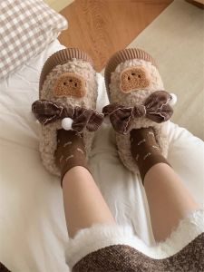 Cute Bear Knot Winter Warm Cotton Shoes Trendy Bread Shoe Womens Outdoor Wear Furry Slip-On Casual round Toe Flat Heel