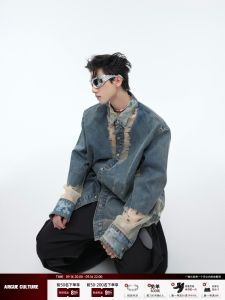 Deconstructed Denim Shirt Hollow out Splicing Design Casual Spring Summer Mens Cotton Shirt Youth Fashion Trendy Outerwear