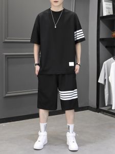 TB Mens Summer Thin Short Sleeve T-Shirt Shorts Set Casual Loose Fit Sport Two-Piece Set round Neck Polyester Spandex Blend