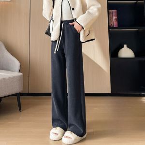 LANGPIN | Thickened Lamb Velvet Narrow Wide Leg Pants Womens Casual Straight Leg Trousers Autumn Winter New Style High Waist Polyester Fiber