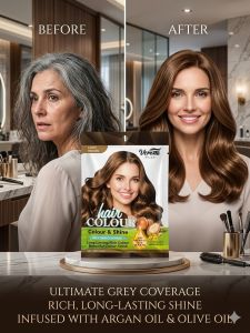 Veratinta hair colour and shine box with argan oil and olive oil for ultimate grey coverage and rich long-lasting shine.