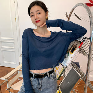 เสื้อตัวนอกเสื้อยืดแขนยาวกันแดดแบบบางซีทรูเสื้อคลุมใส่ในห้องแอร์สำหรับผู้หญิงเสื้อตัวสั้นเอวสูงโชว์สะดือออกแบบพิเศษแนวหวานเผ็ดฮิต