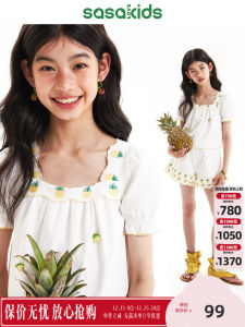 Sasakids Holiday Style Ruffle Trim Beaded Bubble Sleeve Top with Double Layer Pineapple Ruffle A-Line Shorts Children Set