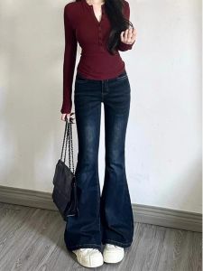 Quần Jeans Denim Ống Loe Lưng Thấp Kiểu Dáng Ôm Vừa Vặn Cho Nữ Thu Đông Mới Phong Cách Mỹ Quần Ống Loe Co Giãn Ôm Vừa Vặn