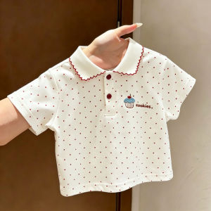 Áo Thun POLO Có Chữ Thêu Họa Tiết Chấm Bi Cotton Sọc Ngắn Cho Bé Gái